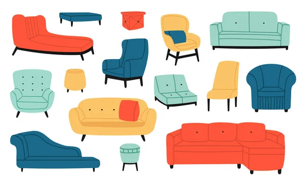 Armchairs and couches. Modern comfortable soft furniture, couch, sofa, stool and chair. Living room interior decoration vector illustration set — Archivo Imágenes Vectoriales