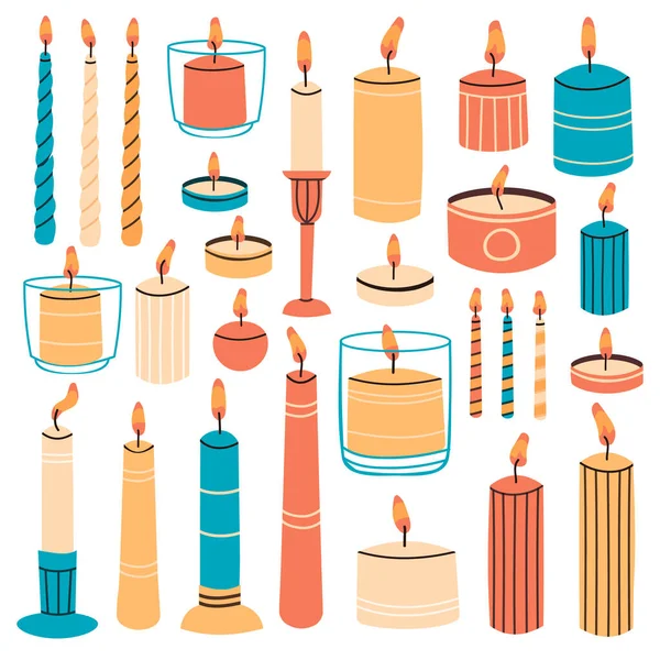 Burning candles. Wax aromatic candles in candlesticks, holders and glass. Cute hand drawn hygge interior decorations vector illustration set — Vector de stock
