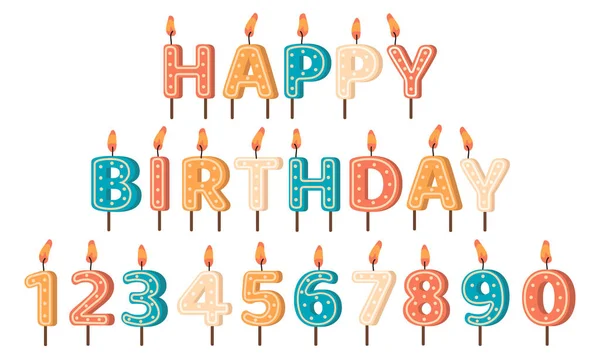 Happy Birthday candles. Birthday Party letters and numbers wax candles, anniversary holiday cute birthday cake candles vector illustration set — Vector de stock