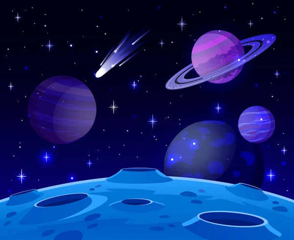 Cartoon ruimte landschap. Kosmische planeet oppervlak, futuristische hemellichamen landschap, sterrenstelsel sterren en kometen bekijk vector achtergrond illustratie — Stockvector
