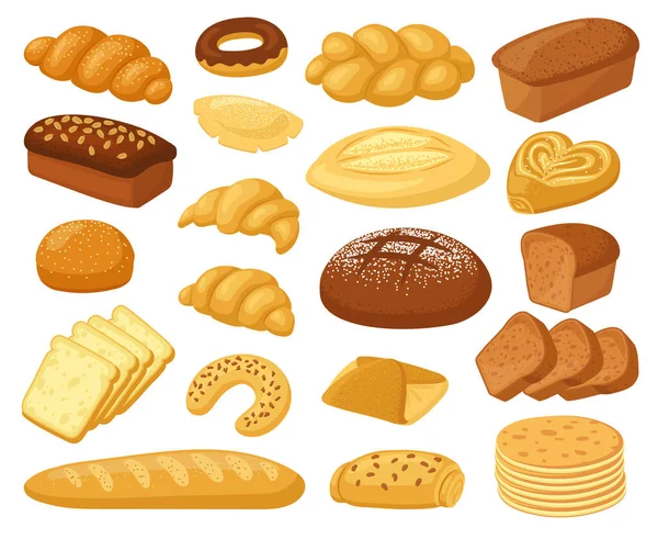 Tecknat bröd. Bageri produkter, rulla baguette, bröd limpa och rostat bröd, söt munk, kaka och croissant. Vektorillustrationer för konditorivaror — Stock vektor