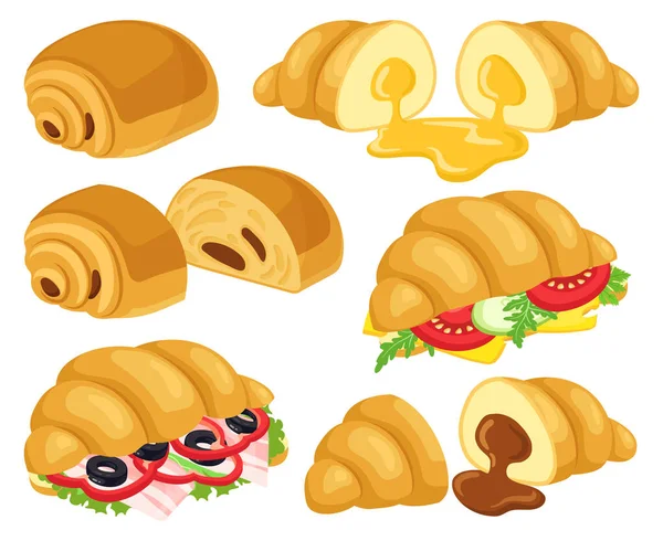 Cartoon croissant. Baked croissant with chocolate, caramel, cheese and ham croissant sandwiches. Breakfast bakery croissant vector illustrations — стоковый вектор