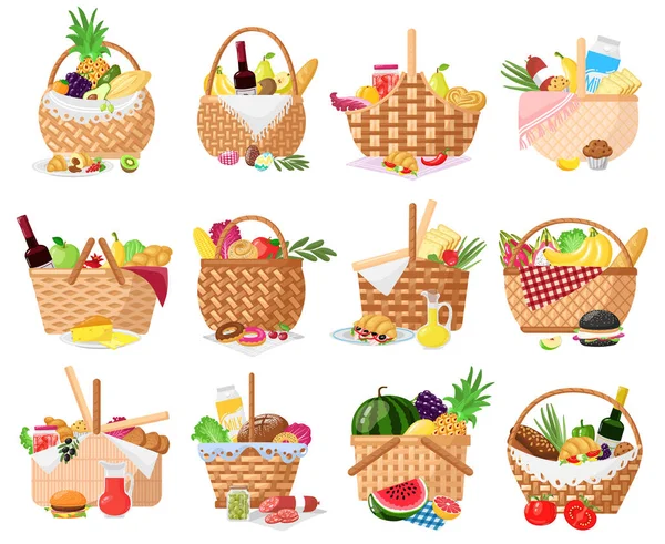 Piknik sepetleri. Hasır söğüt piknik sepetleri içinde ekmek, meyve, sebze ve şarap. Lezzetli piknik yiyecekleri çizimleriyle dolu saman sepeti. — Stok Vektör