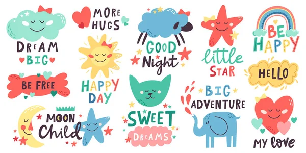 Cute kids lettering. Nursery hand drawn quotes with moon, clouds, stars, cute animals. Doodle baby shower or nursery room vector illustration set — Vector de stock