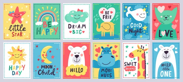 Jolie affiche pour bébé. Salle de jeux pour enfants, crèche ou baby shower cartes dessinées à la main, animaux mignons, lune et petite étoile isolée vectoriel illustration set — Image vectorielle