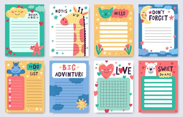 Childish planners. Cute nursery notebook sheets pack. Goal achievement and task planning pages with cute animals, moon, stars vector illustrations — Stock Vector