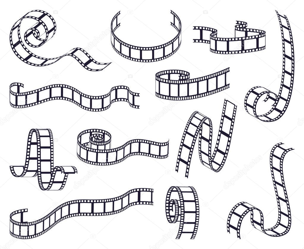 Curved film strip. Cinema monochrome movie or photo tape, strip roll border fragments. Vintage curved filmstrip isolated vector illustrations