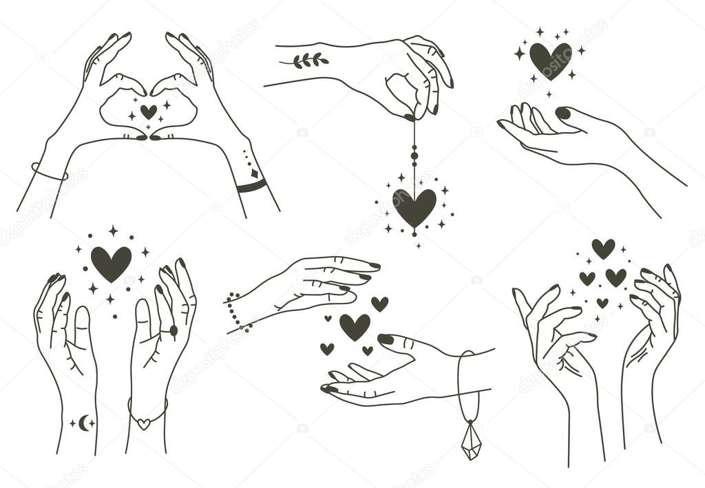 Magic hands with hearts. Boho linear style mystical hand, hand drawn arms with magic heart. Magical hands keep hearts vector symbols set