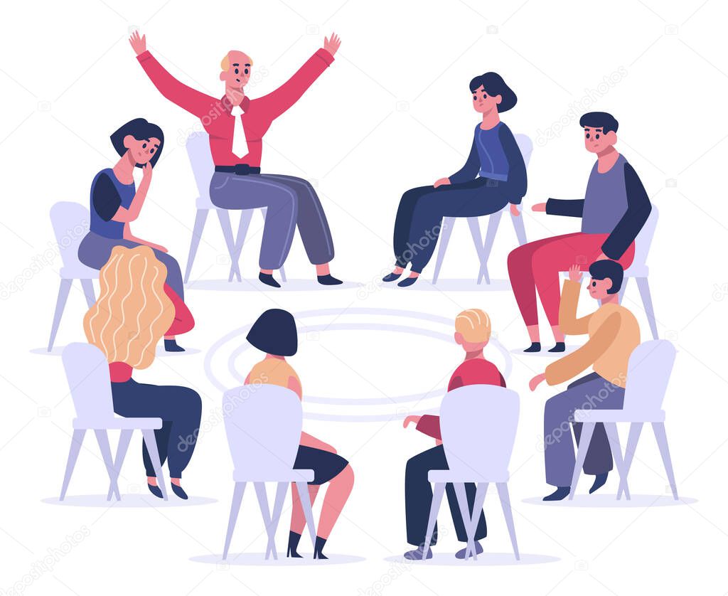 Group therapy. Psychotherapist sessions, psychologist meeting or psychological group aid, men and women on group therapy vector illustration