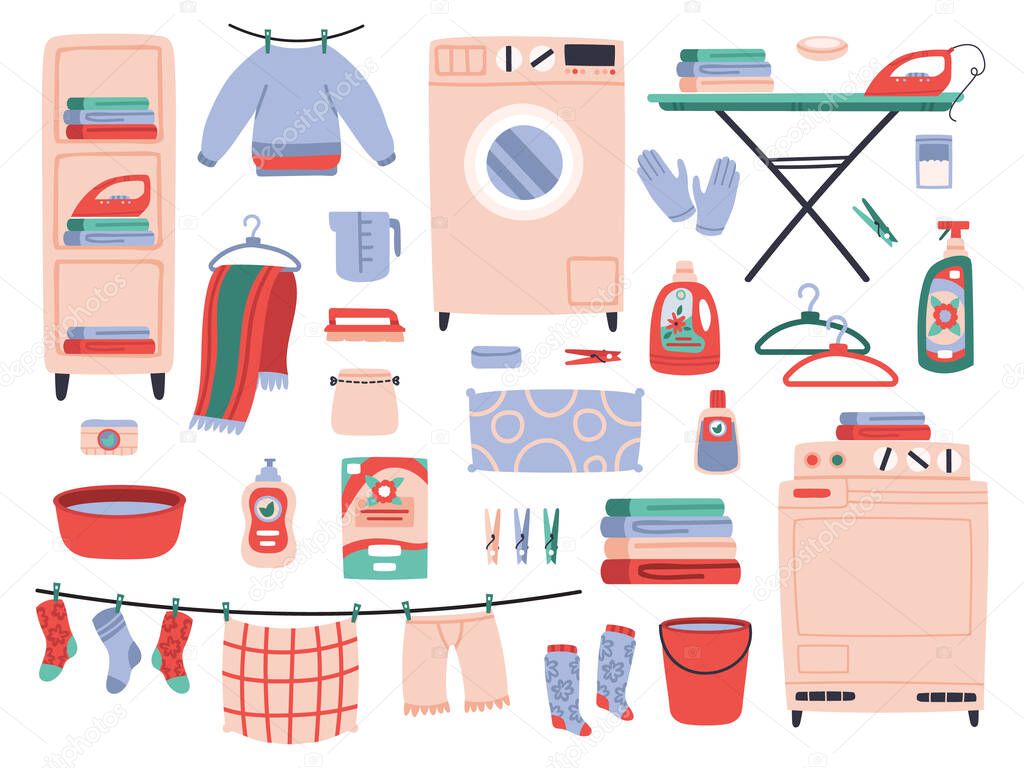 Home laundry. Clean laundry clothes, washing machine, household chemistry cleaning, ironing board and washing powder vector illustration set