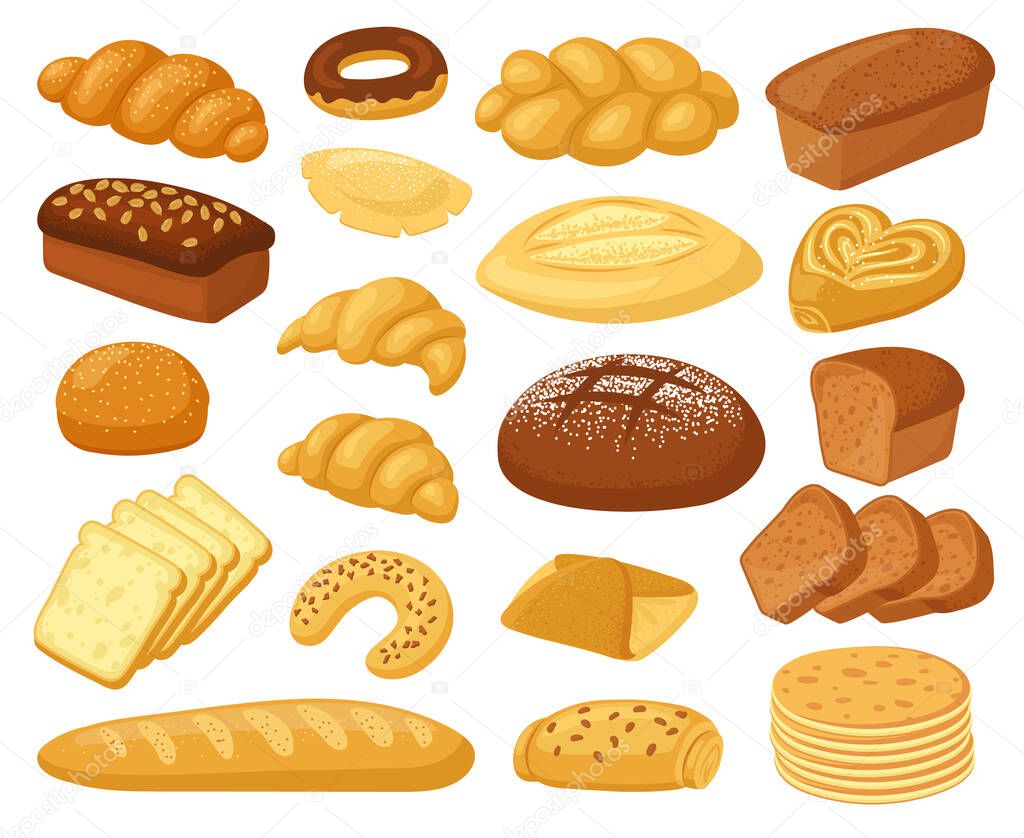 Cartoon bread. Bakery products, roll baguette, bread loaf and toast, sweet donut, cake and croissant. Pastry wheat products vector illustrations
