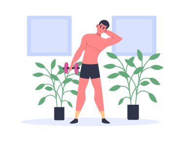 Adam dambıllarla egzersiz yapıyor, evde formda. Adam spor yapıyor, fiziksel aktivite yapıyor. Ev çalışması