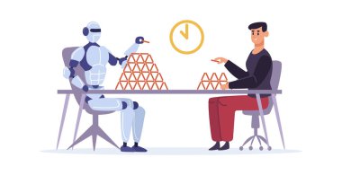 İnsan yapay zekaya karşı. Adam ve robot iskambil oynuyorlar. Otomatik makine görevini hızla yerine getiriyor