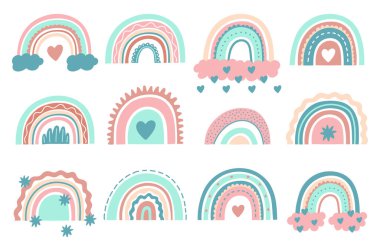 Güzel gökkuşağı. Bulutlu çocuk odası gökkuşağı, sarmak için çocukça İskandinav unsurları. Güzel gökkuşağı vektör çizimleri