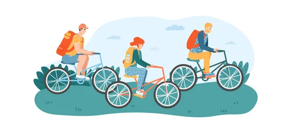 Donna e uomini amici in bicicletta in parco o prato. Femminile, personaggi maschili hanno attività ciclistiche sulla natura — Vettoriale Stock