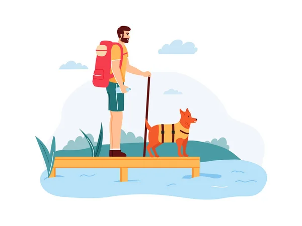 Ung man med hund på sommaräventyr. Guy med ryggsäck och promenadkäpp står nära floden — Stock vektor