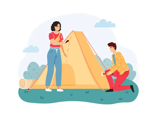 Man en vrouw zetten een tent op de natuur. Buitenshuis extreme vrije tijd. Paar actieve tijd doorbrengen in het wild — Stockvector