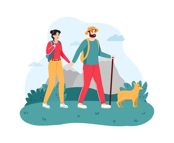 Ett par som reser med hund. Ung man och kvinna vandring eller vandring på naturen med käpp. Människor som reser — Stock vektor