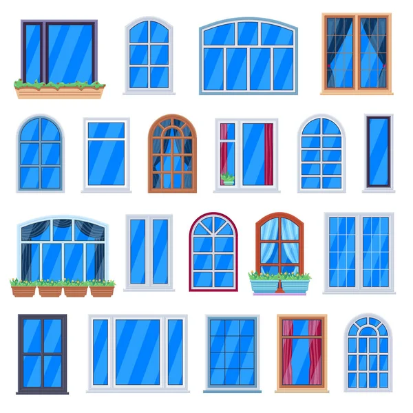 Fönsterkarmar. Trähus fönster, retro rum fönsterkarmar, hus vägg plast fönster. Arkitektur yttre element vektor illustrationer — Stock vektor