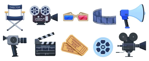 Σύμβολα κινηματογράφου. Κινηματογράφος ή κινηματογράφος clapperboard, φωτογραφική μηχανή και εισιτήρια πρεμιέρα ταινία. Σύνολο απεικόνισης απομονωμένης διανυσματικής παραγωγής ταινιών — Διανυσματικό Αρχείο