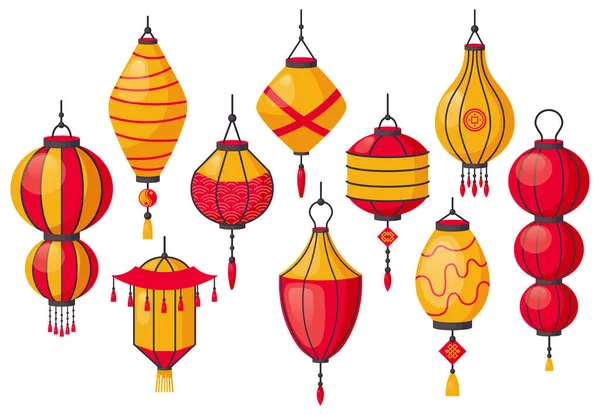 Orientalische traditionelle Laterne. Chinesische Papierlaternen, asiatischer Straßenschmuck, Chinatown-Laternen. Traditionelle Papierlampenvektorillustrationen — Stockvektor