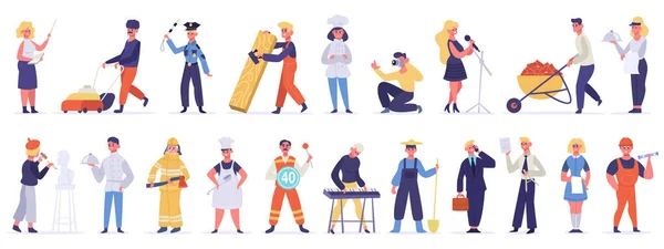 Professionele personages. Mannelijke en vrouwelijke werknemer, specialist groep, zakenman, ober, ingenieur en kunstenaar vector illustratie set — Stockvector