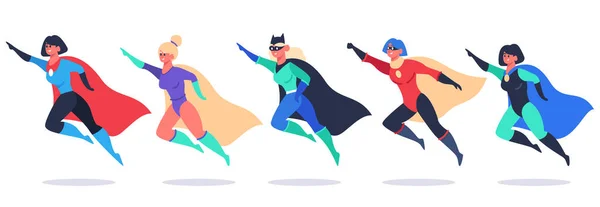 Superhelden vrouwen. Wonder vrouwelijke personages, super meisjes in superheld zwaaien mantel kostuum, krachtige vrouw superheld vector illustratie set — Stockvector