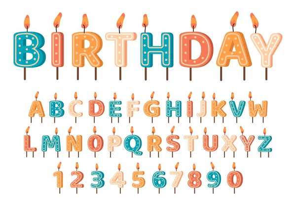 Kerzen Geburtstagsalphabet. Geburtstagskerzen ABC Buchstaben und Zahlen, niedliches Alphabet für Geburtstagstorte. Geburtstagskerzen Schriftvektorsymbole Set — Stockvektor