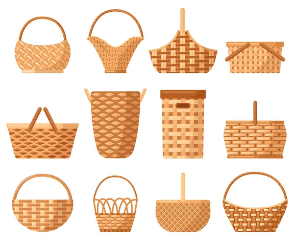 Weidenkorb. Traditionelle Picknick-Weidenkorb mit Griff, Körbe für Mahlzeiten im Freien. Wicker behindert Vektor-Illustrationsset — Stockvektor