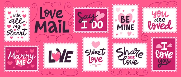 Miluju poštovní známku. Ručně kreslené milostné romantické písmo na Valentýna, čmáranice na poště. Love quotes stamps vector illustration set — Stockový vektor