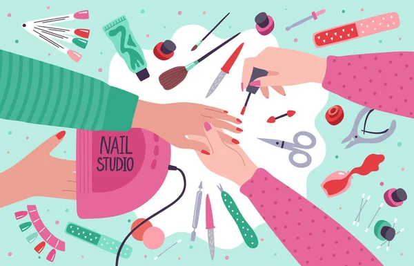 Salão de beleza. Manicure home service ou procedimento de salão de beleza, ferramentas de cuidados com as unhas e equipamentos de gel polonês. Ilustração vetorial do processo de trabalho mestre do prego — Vetor de Stock