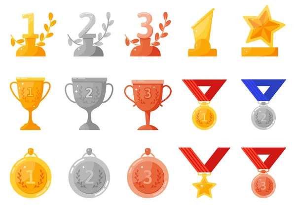 Trofémedaljer och muggar. Guld, silver, brons belöningar, tävling prestation, första, andra, tredje plats vinnande vektor symboler som — Stock vektor