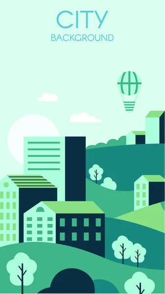 Groene stad achtergrond. Milieubeschermings concept flyer met stedelijke stad en natuur. Luchtballon — Stockvector