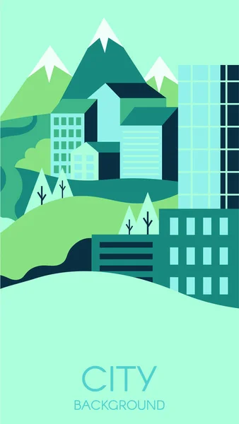 Fondo ecológico de la ciudad. Edificios contemporáneos con naturaleza verde salvaje. Altas montañas con casas modernas — Archivo Imágenes Vectoriales