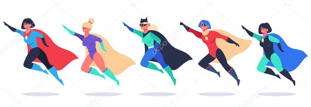 Superheroes women. Wonder female characters, super girls in superhero waving cloak costume, powerful woman superhero vector illustration set