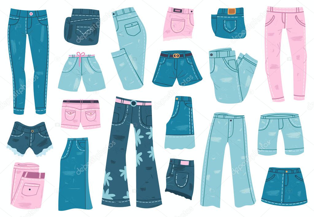 Jeans clothes. Denim trousers, shorts and skirt, blue jeans unisex apparel. Stylish casual denim garments vector illustration set