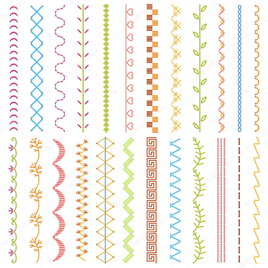 Sewing stitches. Embroidery stitches borders, detailed thread stitch, fabric embellishment pattern. Sewing seams ornament vector illustration set