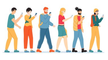 İnsanlar akıllı telefon bağımlılığı. İnternet, sosyal medya bağımlıları, alet bağımlılığı olan erkek ve kadın karakterler, vektör illüstrasyonu