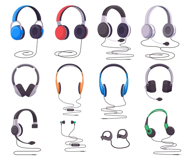 Koptelefoon en koptelefoon. Muziek of gaming bekabelde audio-apparatuur, koptelefoon stereo digitale gadget. Hoofdtelefoon apparatuur vector illustratie set — Stockvector