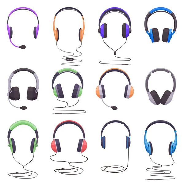 Kuulokkeet. Musiikkiteknologia kuulokkeet, audio päähineet digitaalinen gadget, langallinen tai langaton nappikuulokkeet. Musiikkitarvikkeet vektori kuvituksia — vektorikuva