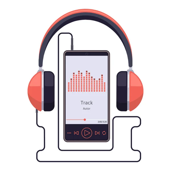 Smartphone con auriculares. Auriculares y reproductor de audio para teléfonos inteligentes, reproductor de música móvil de sonido estéreo. Audio dispositivo de música vector conjunto de ilustración — Archivo Imágenes Vectoriales