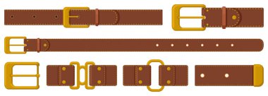 Leather strapping. Brown leather belts with steel buckles and metal fittings. Haberdashery strapping accessories vector illustration set clipart