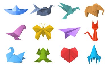 Kağıt origami şekilleri. Origami çokgen kağıt katlama, güvercin, hayvanlar, uçak ve gemi figürleri. Origami hobi vektör illüstrasyon seti