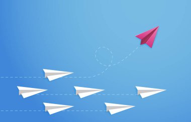 Kağıt uçak konsepti. Yönünü, farklı görüşünü, yeni fikrini, liderliğini değiştiriyor. Origami kağıt düzlemi vektör illüstrasyonunu değiştir