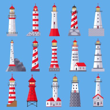 Mimari deniz feneri. Projektörlü deniz fenerleri, deniz gemisi navigasyon kuleleri. Fener binası, deniz feneri kulesi vektör çizimi seti