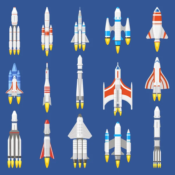 Cohetes espaciales. Naves espaciales, vehículos lanzadera y cohetes aeroespaciales, inicio del transbordador espacial. Nave espacial tecnología vector ilustración conjunto — Archivo Imágenes Vectoriales