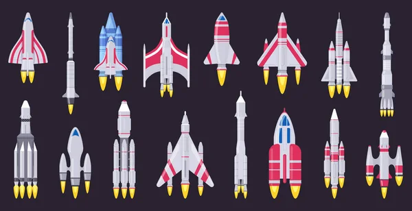 우주선 차량. 우주 로켓, 비행중인 항공 우주 왕 복선, 우주선, 그리고 ufo 우주선. 우주 로켓 로켓 로켓 벡터 일러스트 세트 — 스톡 벡터