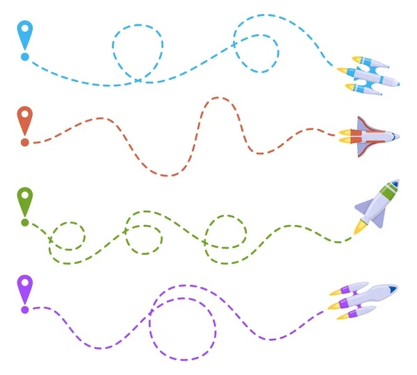 Route des fusées. Voyage spatial ligne pointillée trace, routes des vaisseaux spatiaux, navette volante. Fusées aérospatiales illustration vectorielle ligne pointillée — Image vectorielle