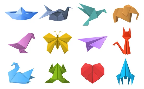 Formas de origami de papel. Origami plegado de papel poligonal, palomas, animales, figuras de avión y barco. Oriental origami hobby vector ilustración conjunto — Vector de stock