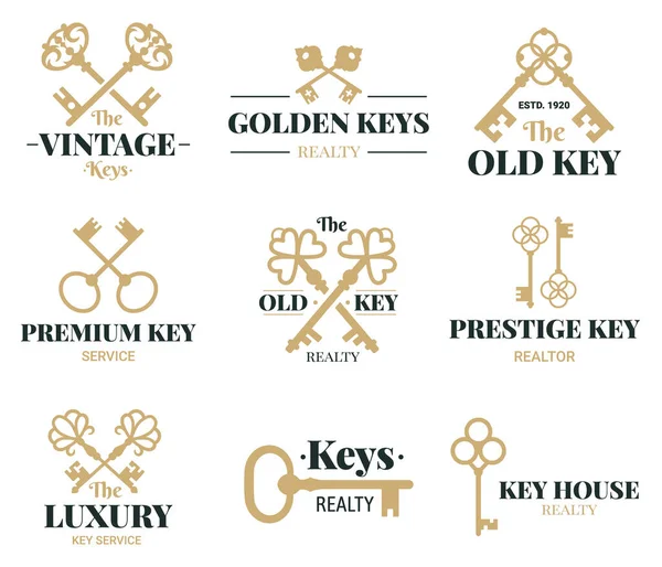 古い鍵は象徴してる。ヴィンテージドアキーラベル、不動産代理店またはキーサービスベクトルシンボルが設定されます。レトロキー会社のロゴ — ストックベクタ